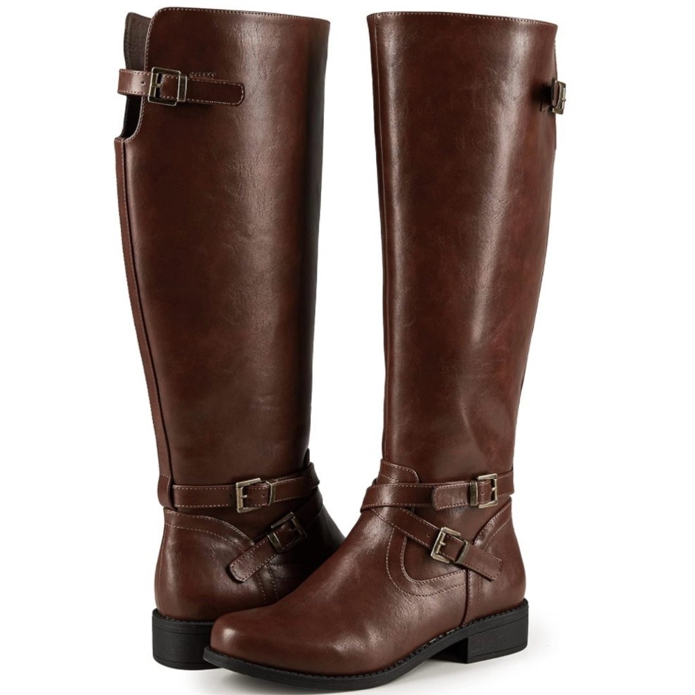 NWT Ermonn Womens Knee High Side Zip Wide Calf Flat Low Heel Boots